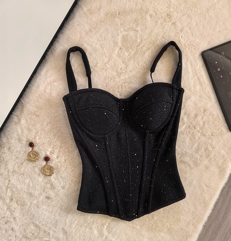 Black Sparkle Bustier Corset Top - Fishbone Strap Vest Elegant Slim Corset